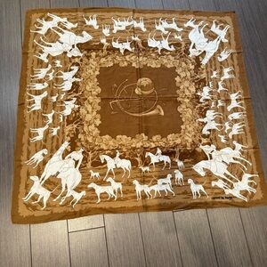 Vintage Silk Brown and White Equestrian Print Scarf